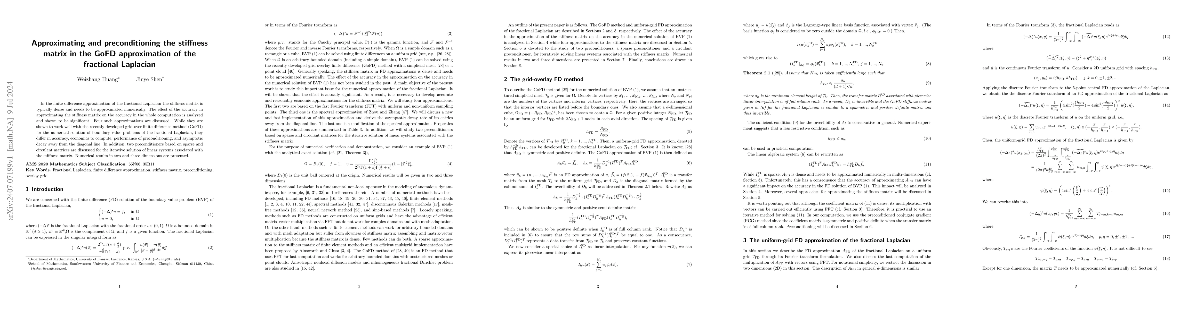 Thumbnail for Approximating and preconditioning the stiffness matrix in the GoFD
  approximation of the fractional Laplacian