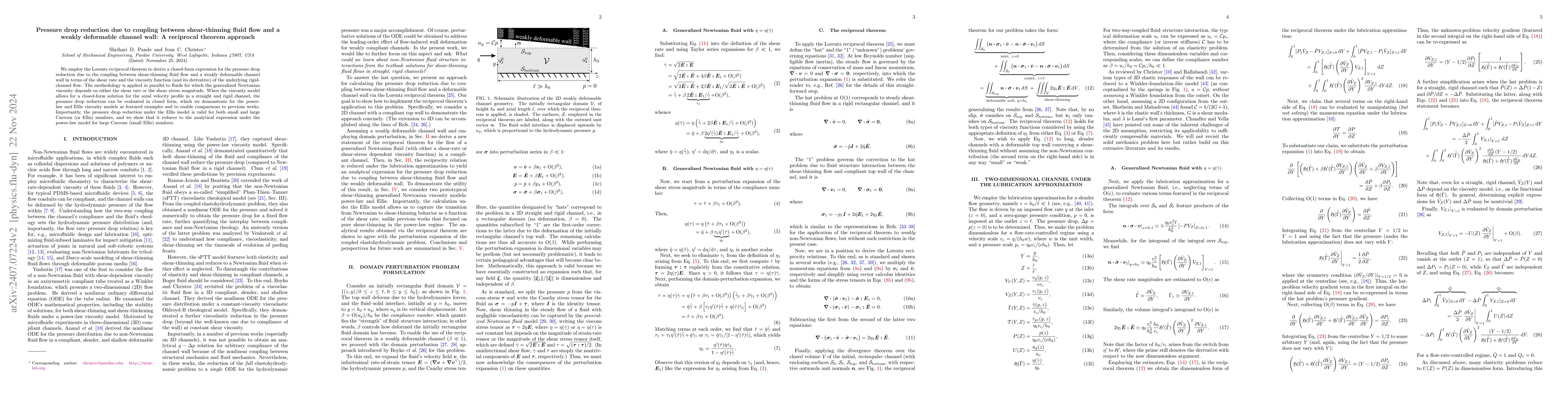 Thumbnail for Pressure drop reduction due to coupling between shear-thinning fluid
  flow and a weakly deformable channel wall: A reciprocal theorem approach