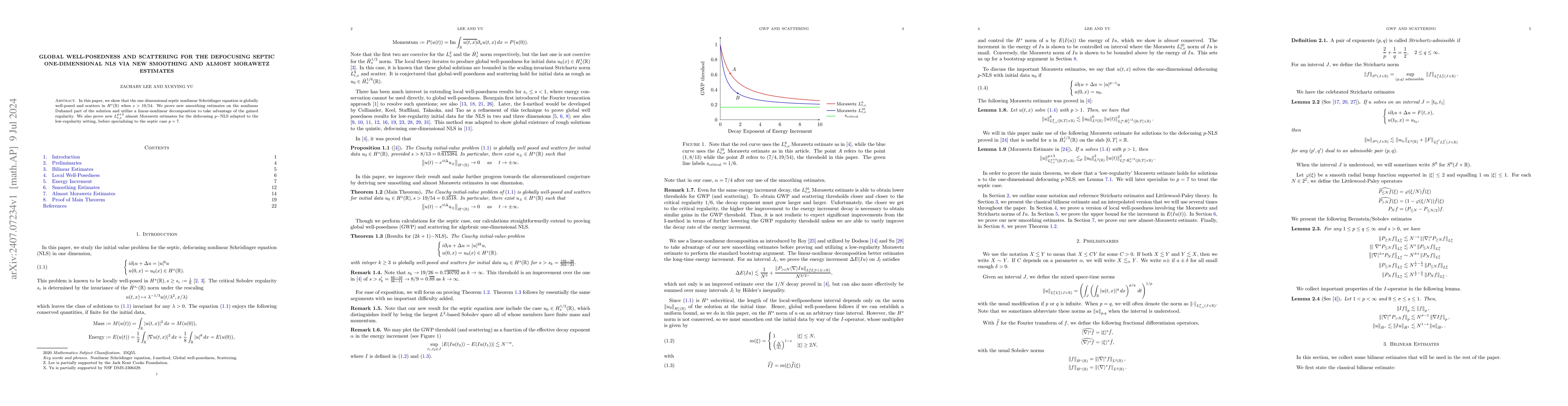 Thumbnail for Global well-posedness and scattering for the defocusing septic
  one-dimensional NLS via new smoothing and almost Morawetz estimates