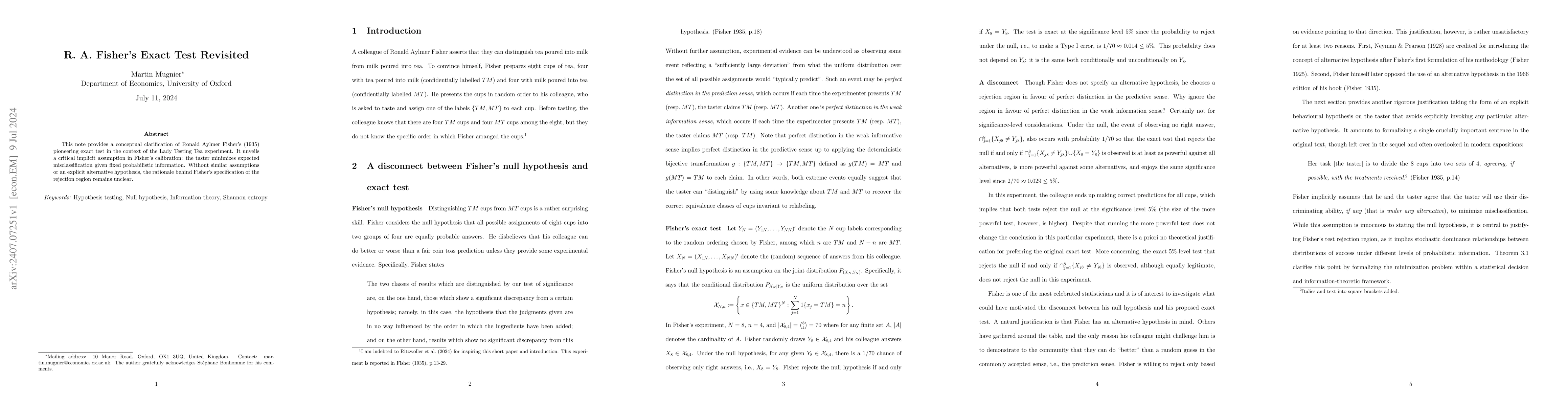 Thumbnail for R. A. Fisher's Exact Test Revisited