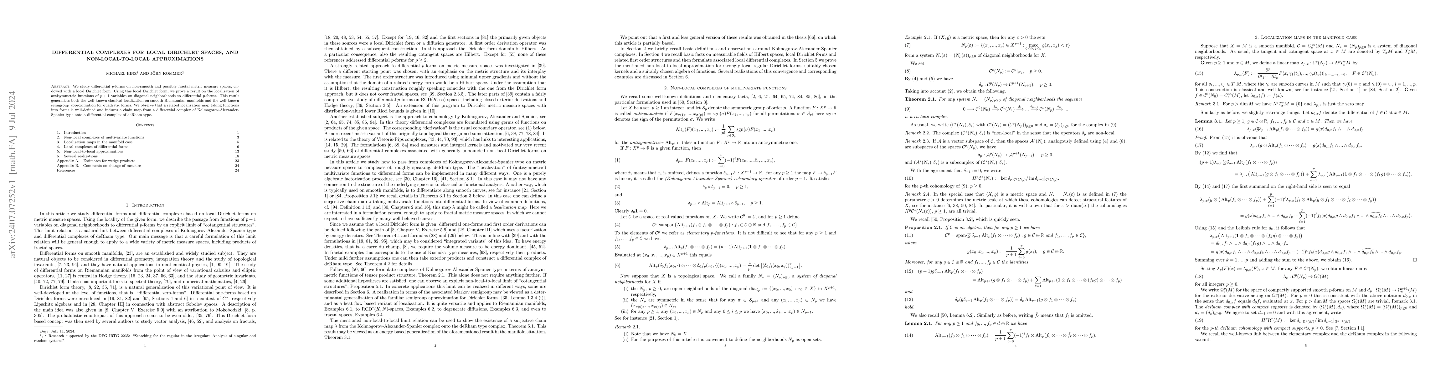 Thumbnail for Differential complexes for local Dirichlet spaces, and
  non-local-to-local approximations