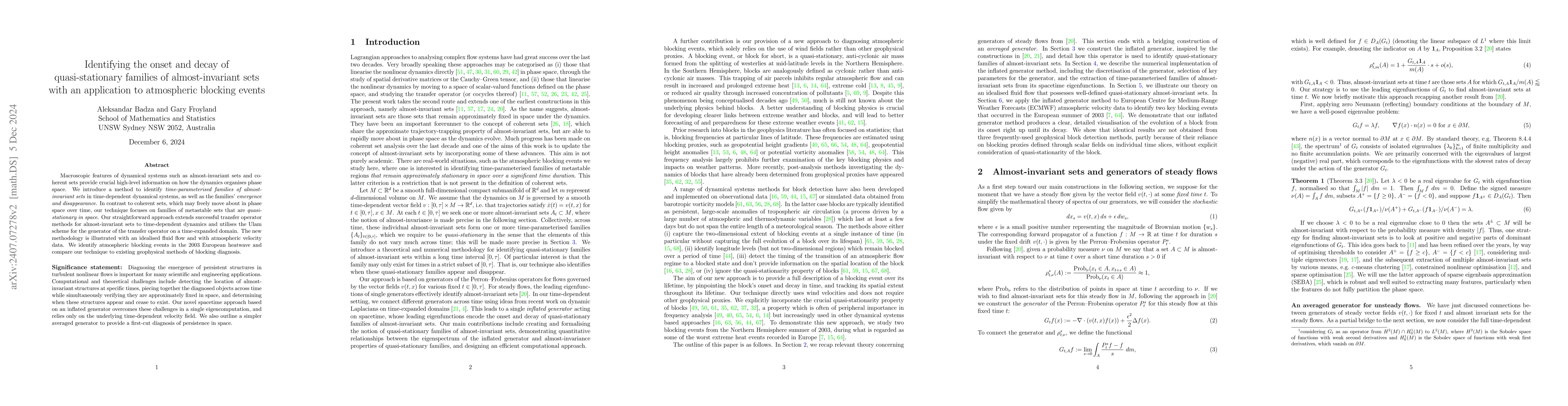 Thumbnail for Identifying the onset and decay of quasi-stationary families of
  almost-invariant sets with an application to atmospheric blocking events