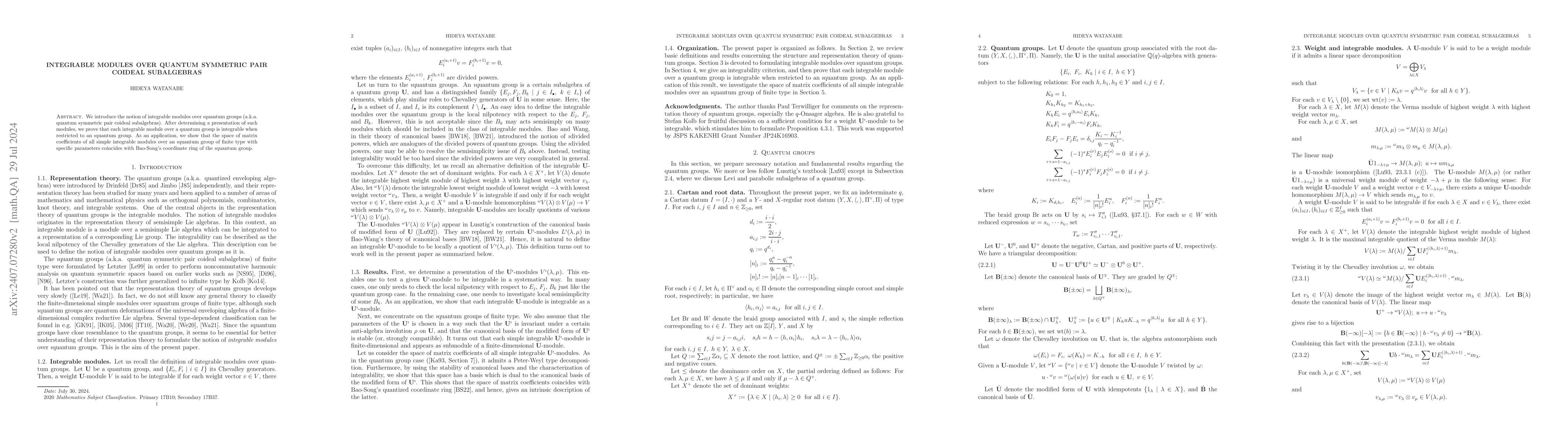 Thumbnail for Integrable modules over quantum symmetric pair coideal subalgebras