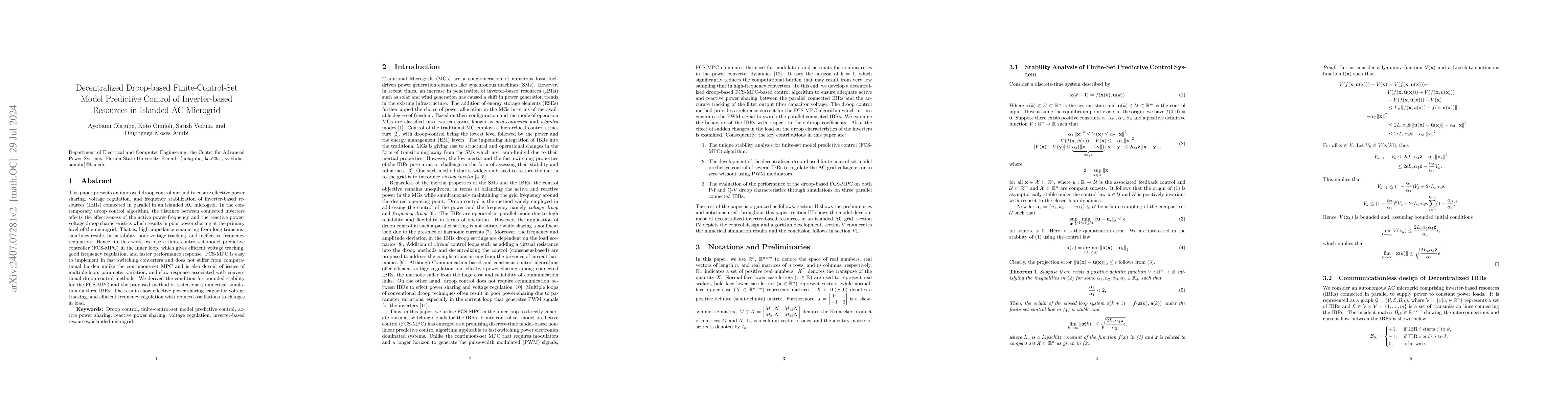 Thumbnail for Decentralized Droop-based Finite-Control-Set Model Predictive Control of
  Inverter-based Resources in Islanded AC Microgrid