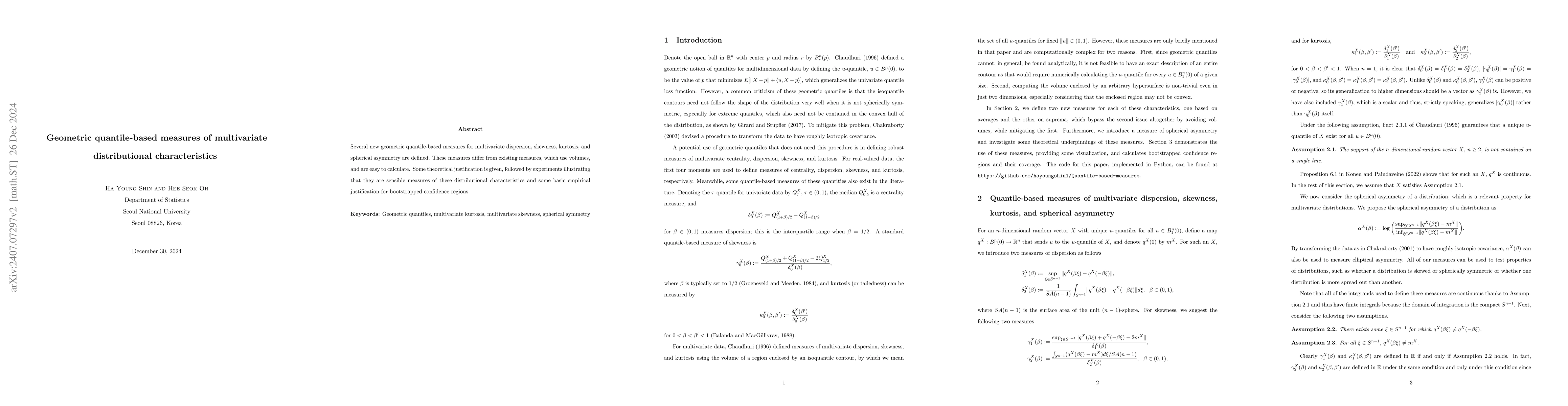 Thumbnail for Geometric quantile-based measures of multivariate distributional
  characteristics