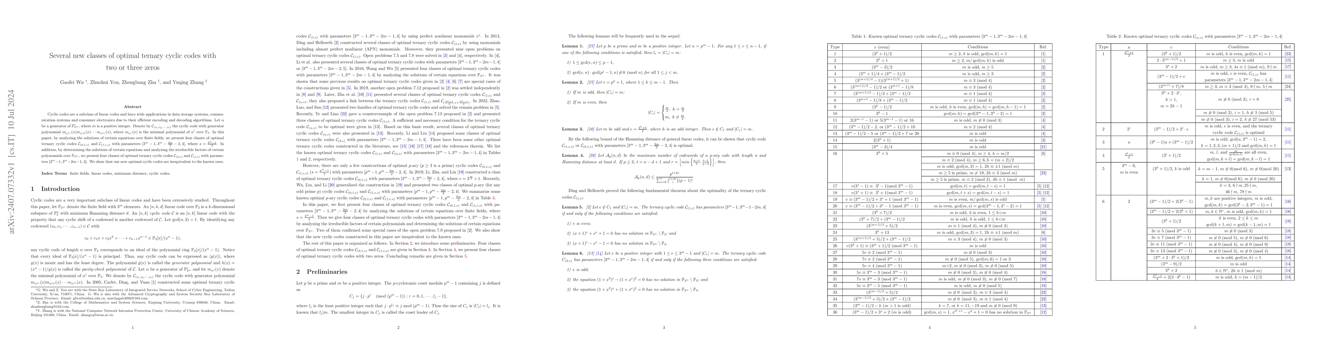 Thumbnail for Several new classes of optimal ternary cyclic codes with two or three
  zeros
