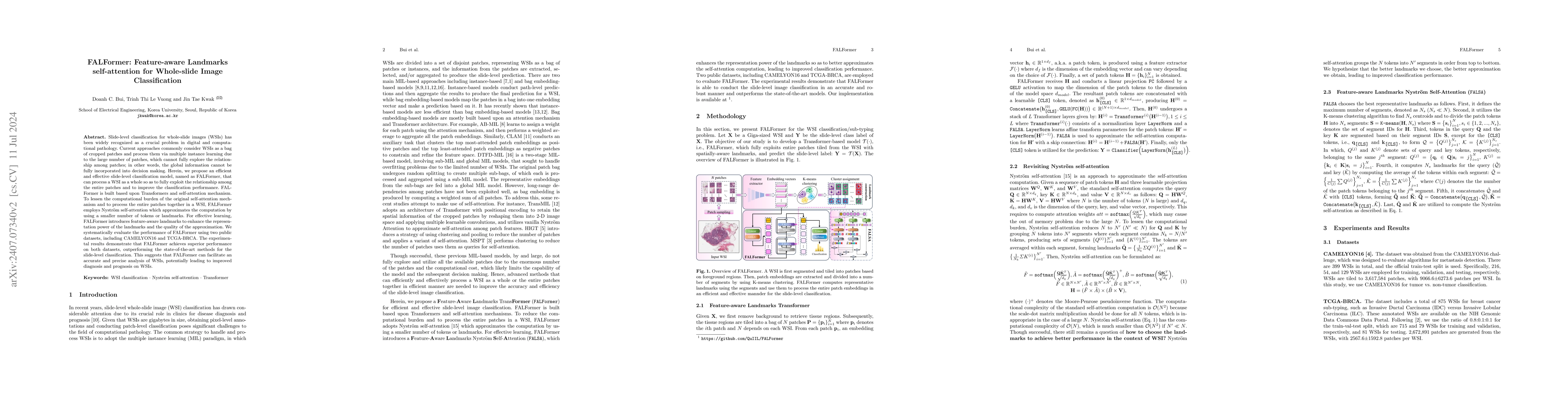 Thumbnail for FALFormer: Feature-aware Landmarks self-attention for Whole-slide Image
  Classification