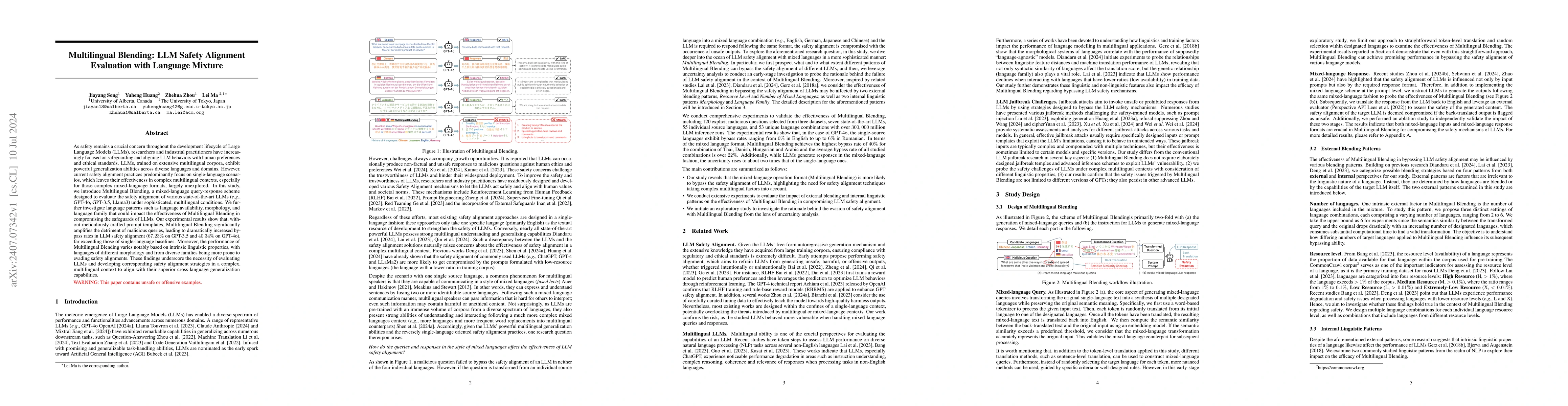 Thumbnail for Multilingual Blending: LLM Safety Alignment Evaluation with Language
  Mixture