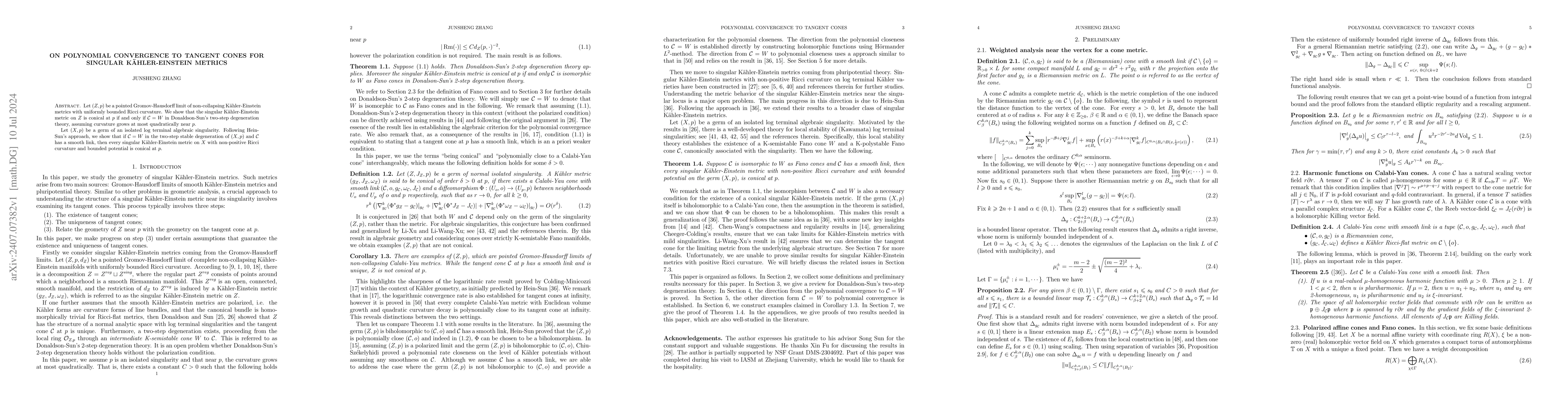 Thumbnail for On polynomial convergence to tangent cones for singular
  Kähler-Einstein metrics