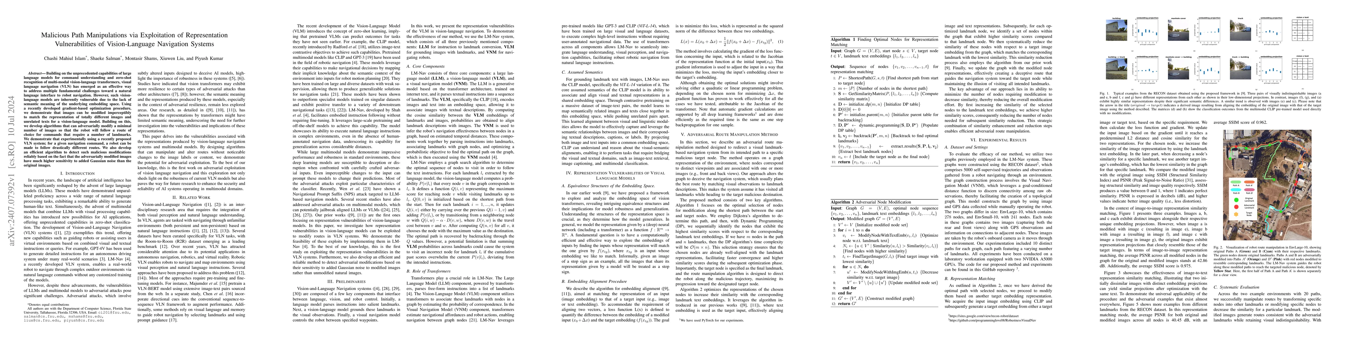 Thumbnail for Malicious Path Manipulations via Exploitation of Representation
  Vulnerabilities of Vision-Language Navigation Systems