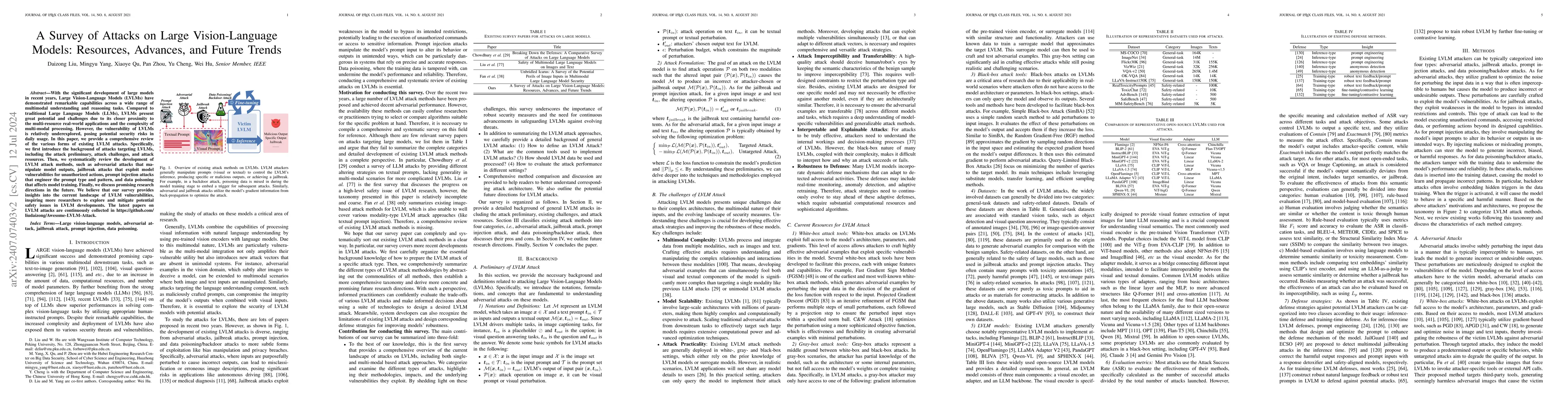 Thumbnail for A Survey of Attacks on Large Vision-Language Models: Resources,
  Advances, and Future Trends