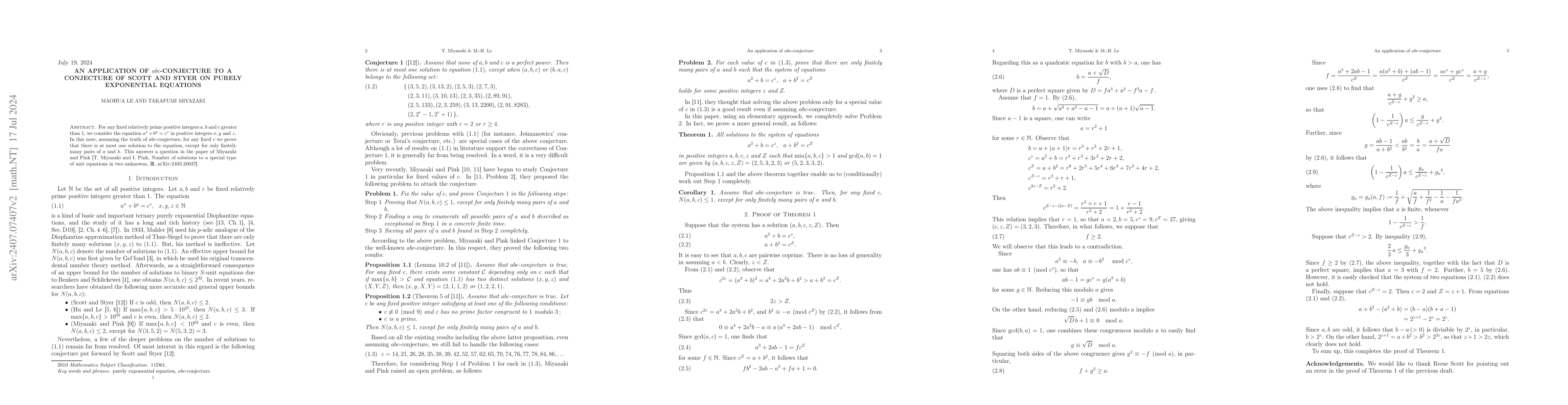 Thumbnail for An application of $abc$-conjecture to a conjecture of Scott and Styer on
  purely exponential equations