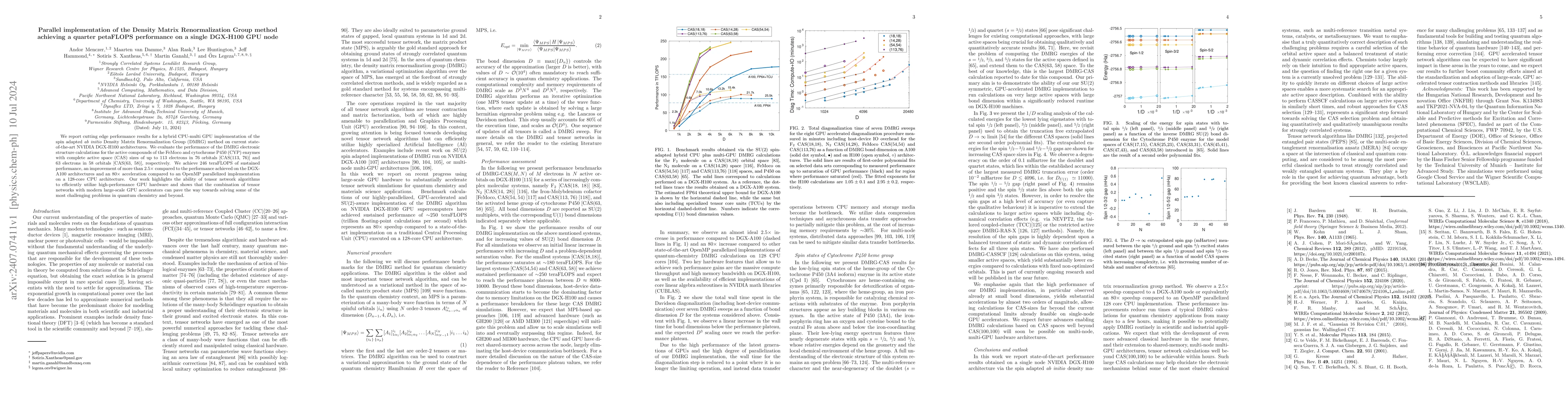 Thumbnail for Parallel implementation of the Density Matrix Renormalization Group
  method achieving a quarter petaFLOPS performance on a single DGX-H100 GPU
  node