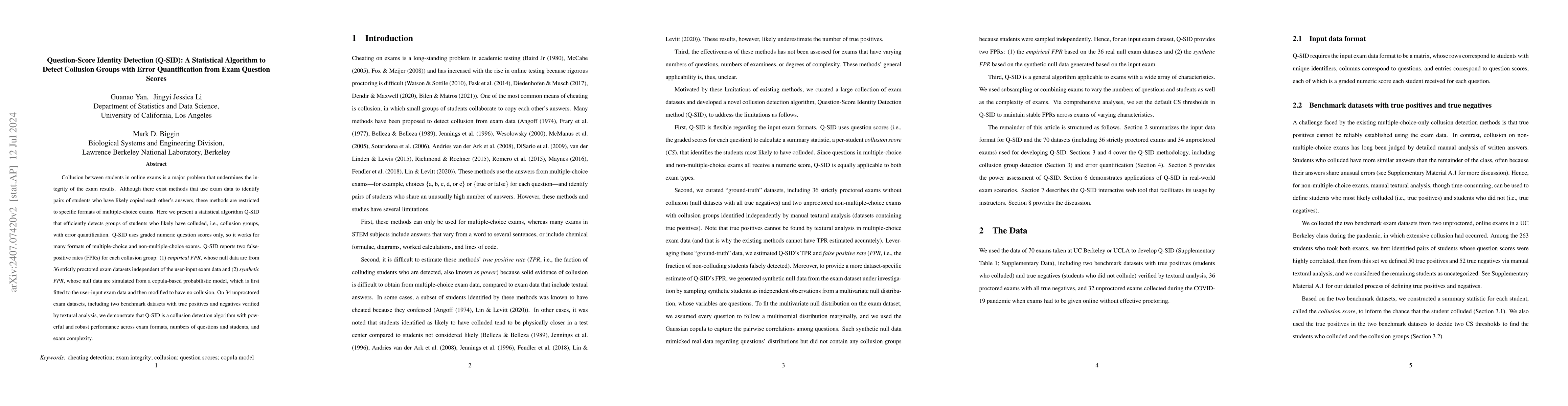 Thumbnail for Question-Score Identity Detection (Q-SID): A Statistical Algorithm to
  Detect Collusion Groups with Error Quantification from Exam Question Scores