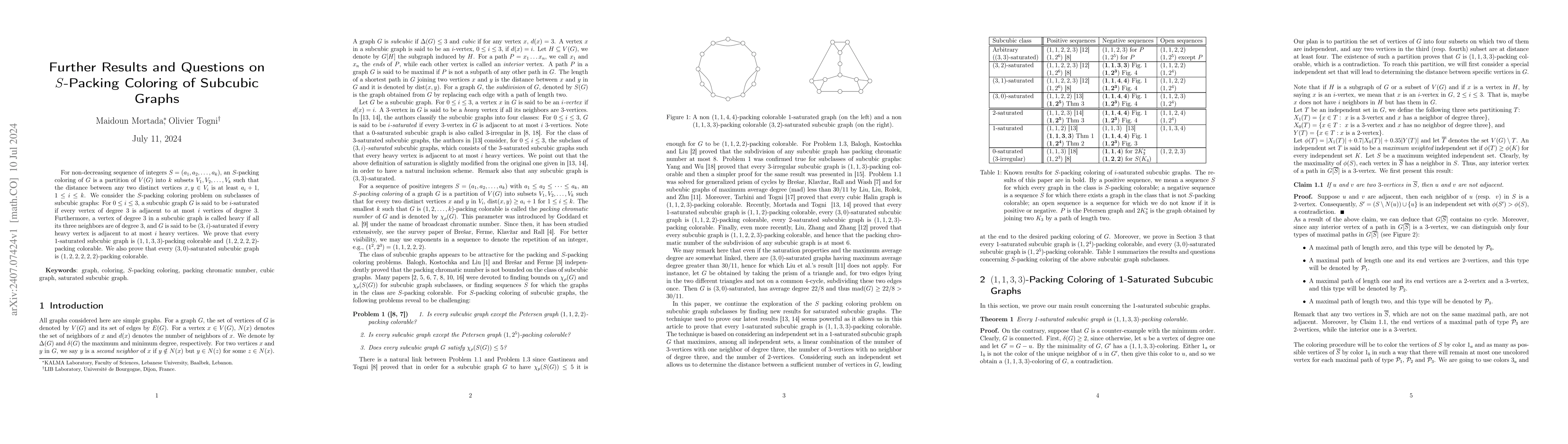 Thumbnail for Further Results and Questions on $S$-Packing Coloring of Subcubic Graphs