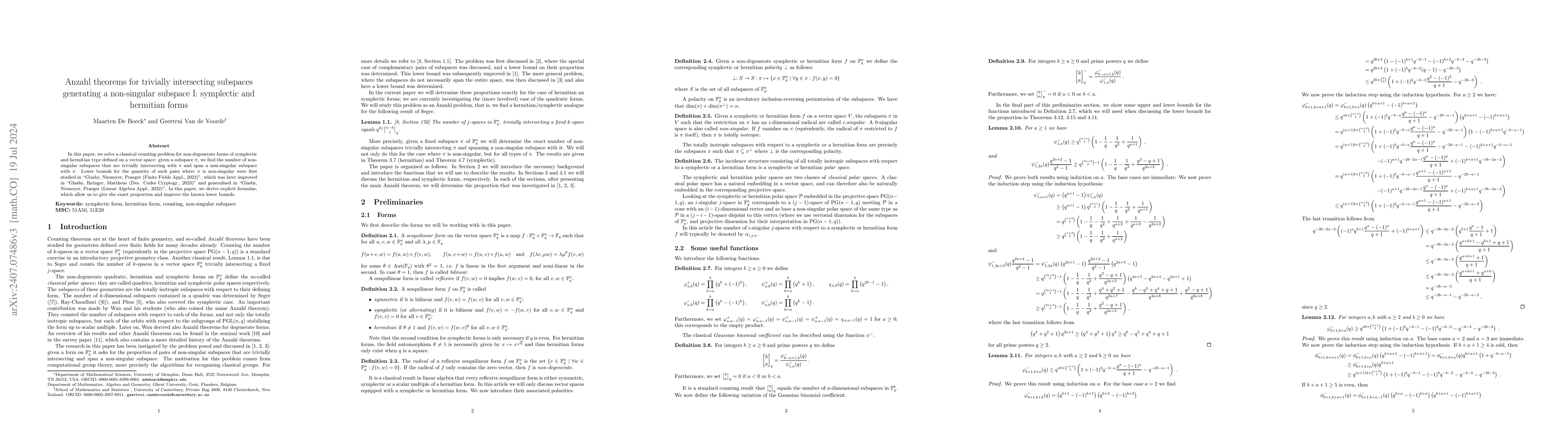 Thumbnail for Anzahl theorems for trivially intersecting subspaces generating a
  non-singular subspace I: symplectic and hermitian forms