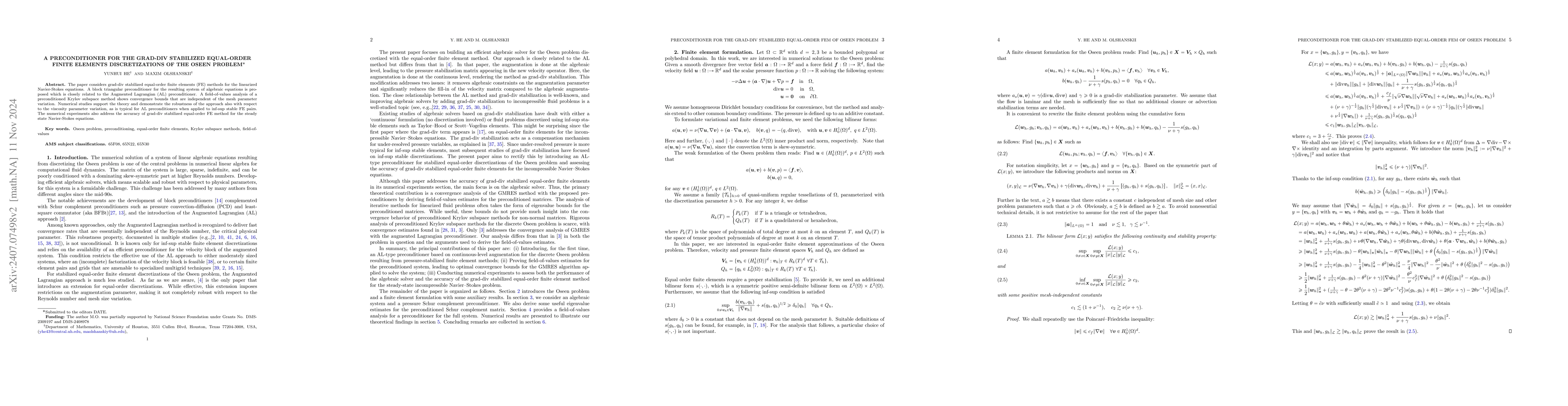 Thumbnail for A preconditioner for the grad-div stabilized equal-order finite elements
  discretizations of the Oseen problem