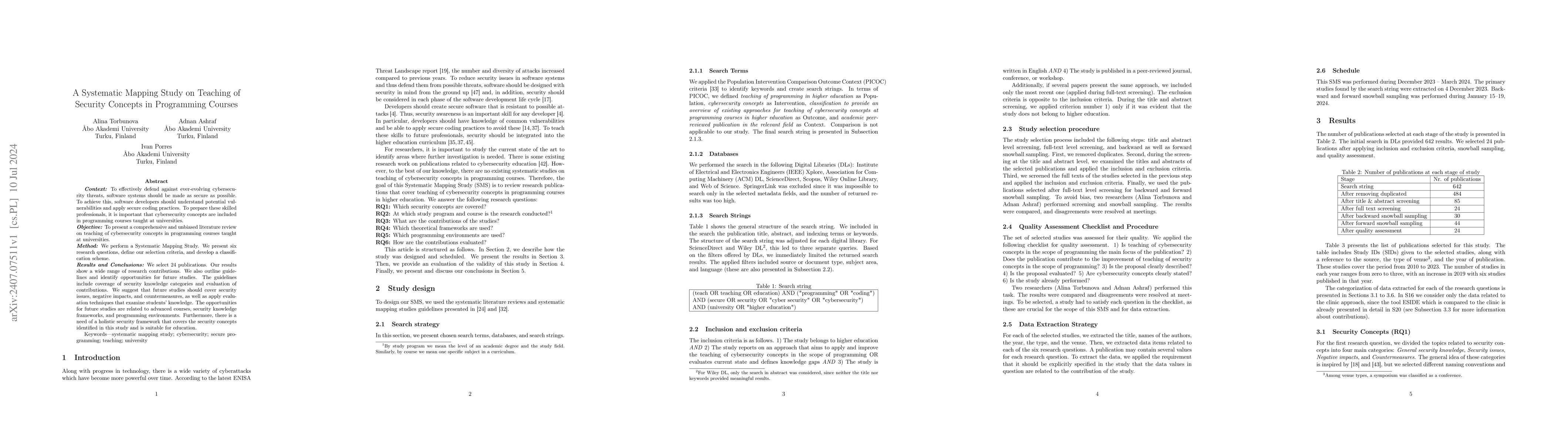 Thumbnail for A Systematic Mapping Study on Teaching of Security Concepts in
  Programming Courses