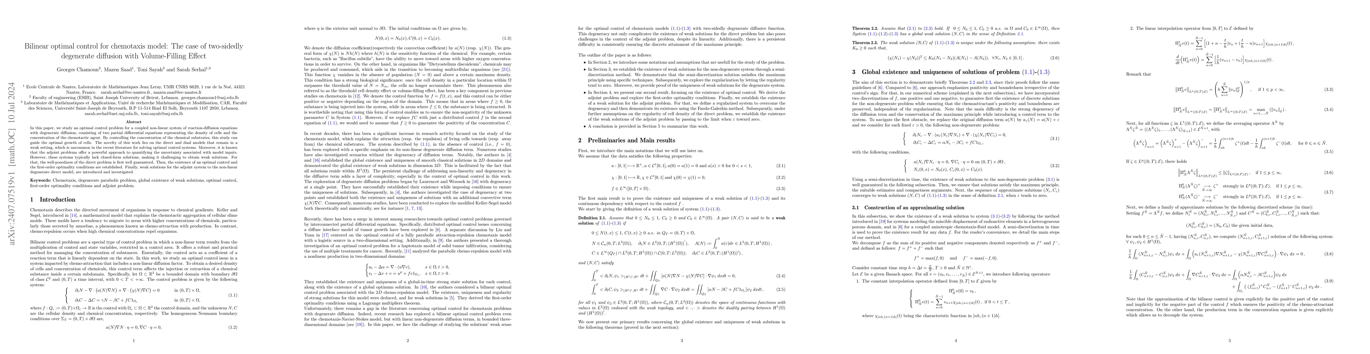 Thumbnail for Bilinear optimal control for chemotaxis model: The case of two-sidedly
  degenerate diffusion with Volume-Filling Effect