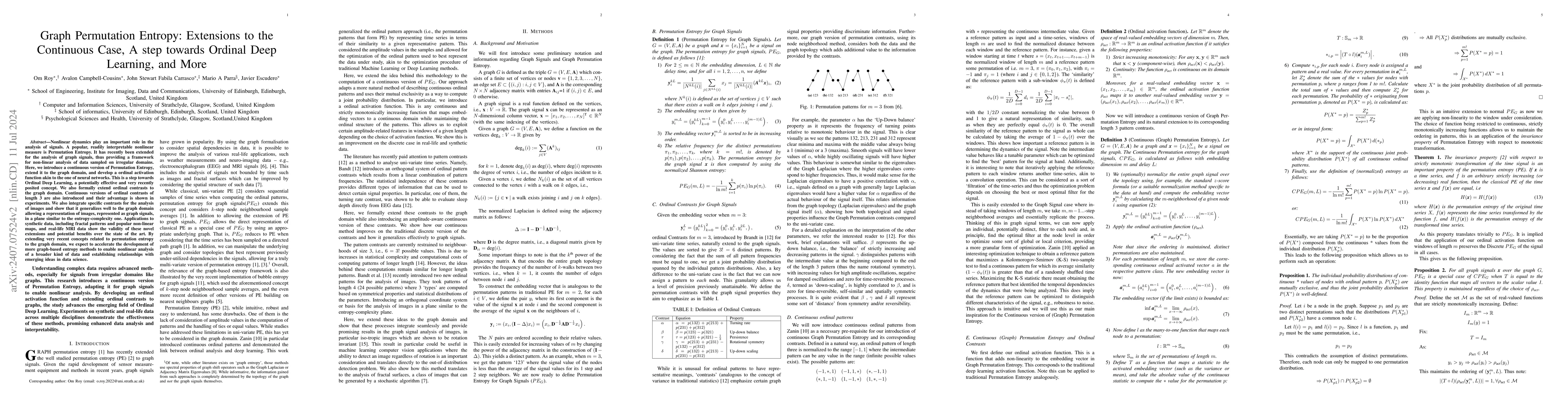 Thumbnail for Graph Permutation Entropy: Extensions to the Continuous Case, A step
  towards Ordinal Deep Learning, and More