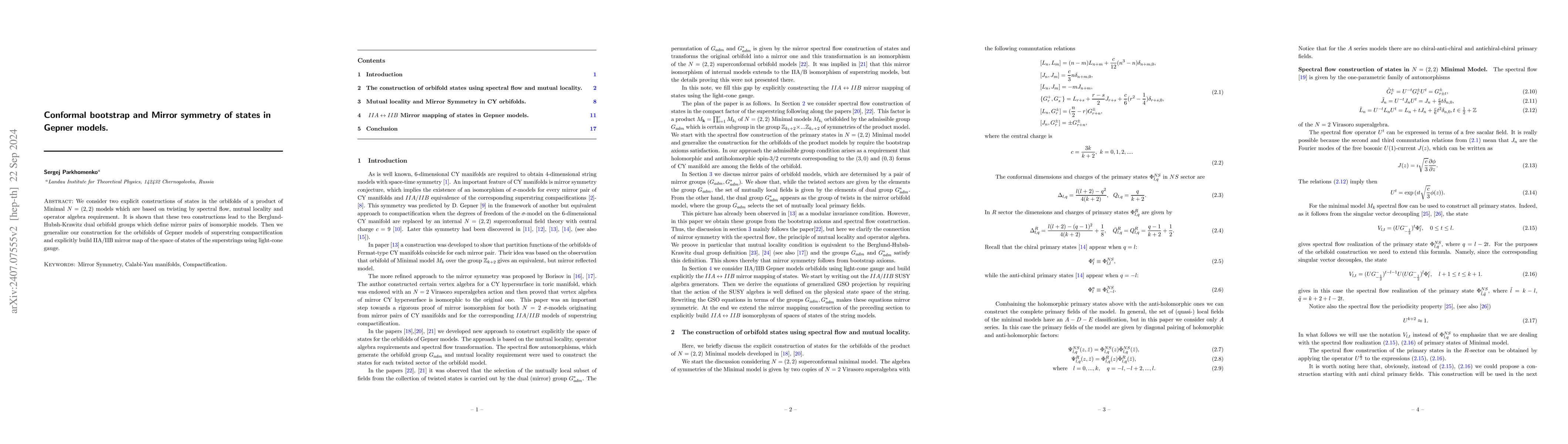 Thumbnail for Conformal bootstrap and Mirror symmetry of states in Gepner models