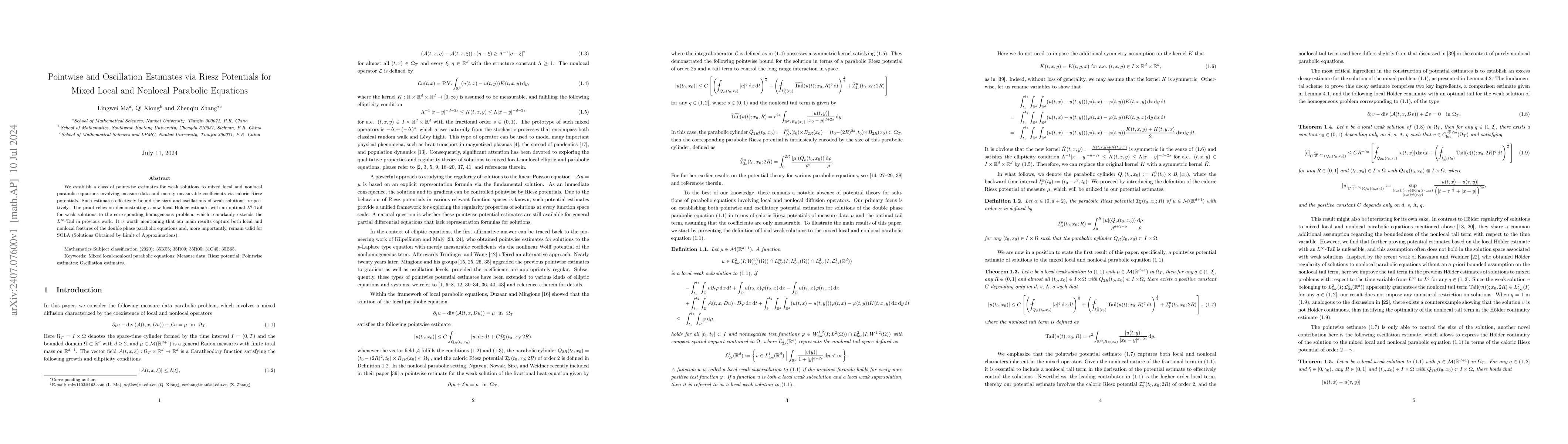 Thumbnail for Pointwise and Oscillation Estimates via Riesz Potentials for Mixed Local
  and Nonlocal Parabolic Equations
