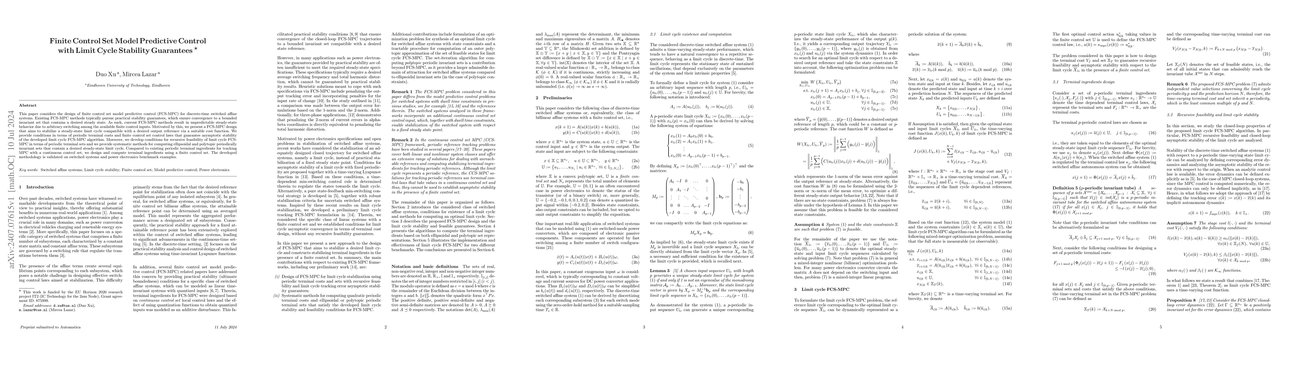 Thumbnail for Finite Control Set Model Predictive Control with Limit Cycle Stability
  Guarantees