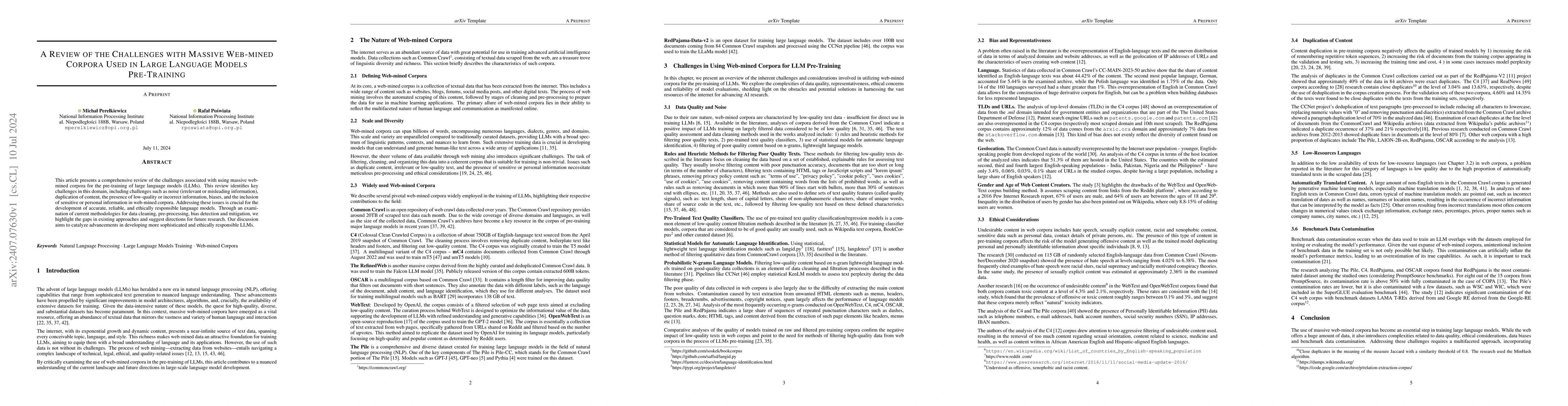 Thumbnail for A Review of the Challenges with Massive Web-mined Corpora Used in Large
  Language Models Pre-Training