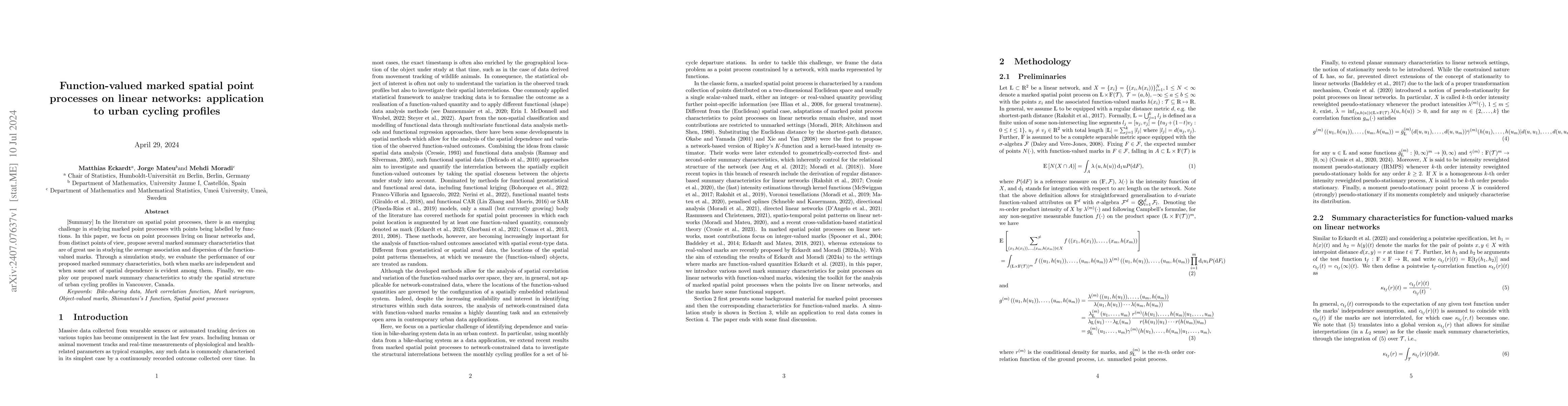 Thumbnail for Function-valued marked spatial point processes on linear networks:
  application to urban cycling profiles