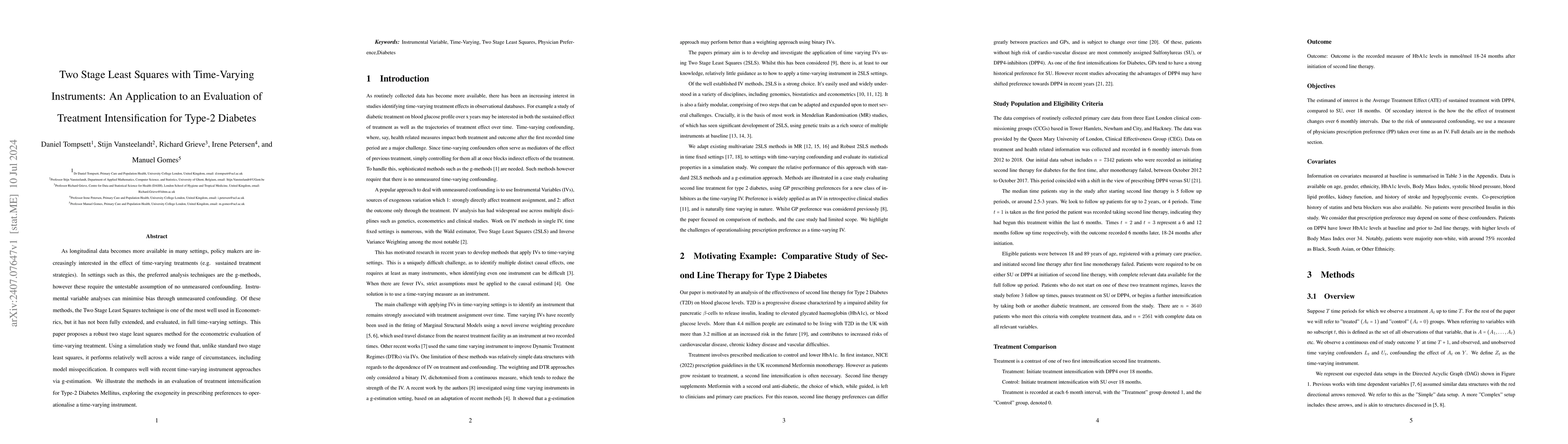 Thumbnail for Two Stage Least Squares with Time-Varying Instruments: An Application to
  an Evaluation of Treatment Intensification for Type-2 Diabetes