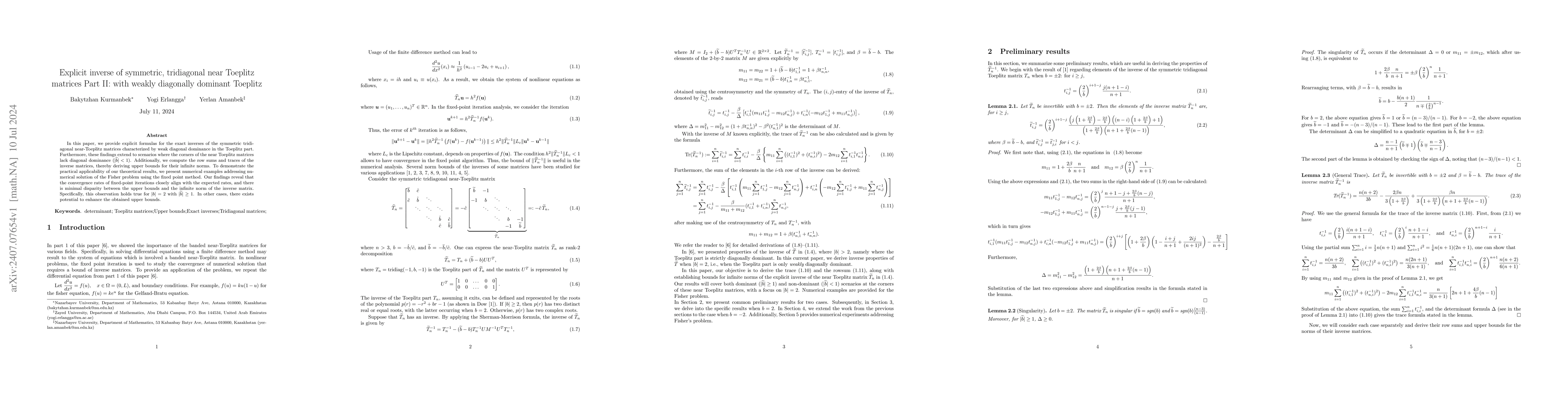 Thumbnail for Explicit inverse of symmetric, tridiagonal near Toeplitz matrices Part
  II: with weakly diagonally dominant Toeplitz