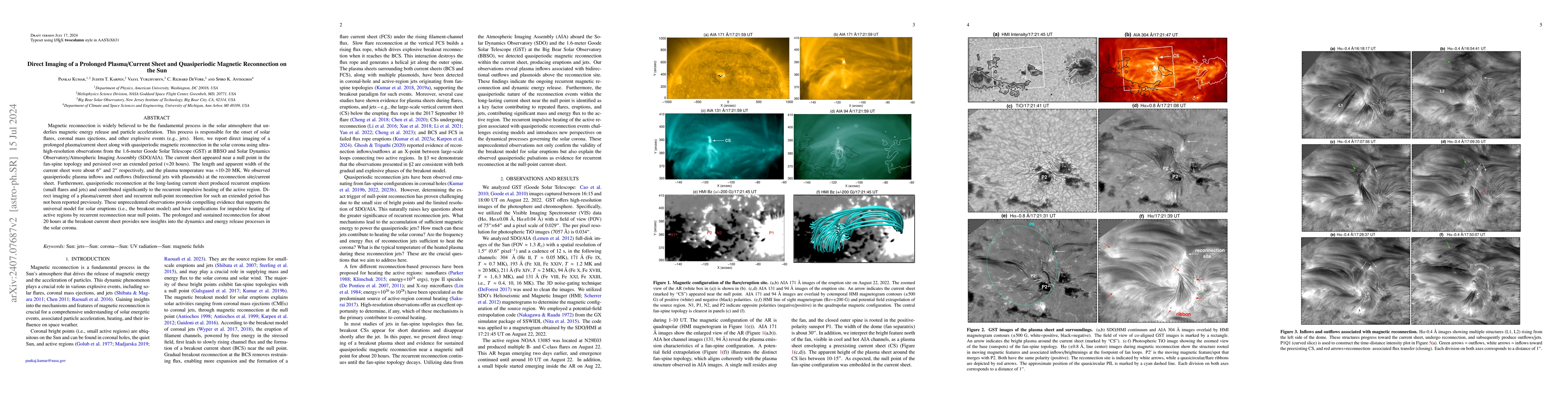 Thumbnail for Direct Imaging of a Prolonged Plasma/Current Sheet and Quasiperiodic
  Magnetic Reconnection on the Sun