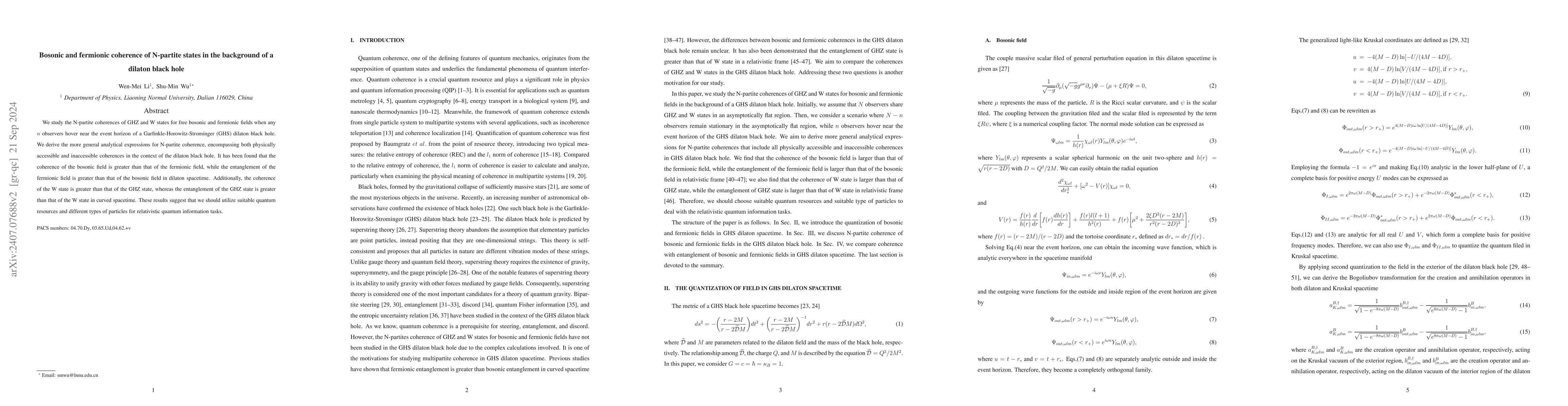 Thumbnail for Bosonic and fermionic coherence of N-partite states in the background of
  a dilaton black hole