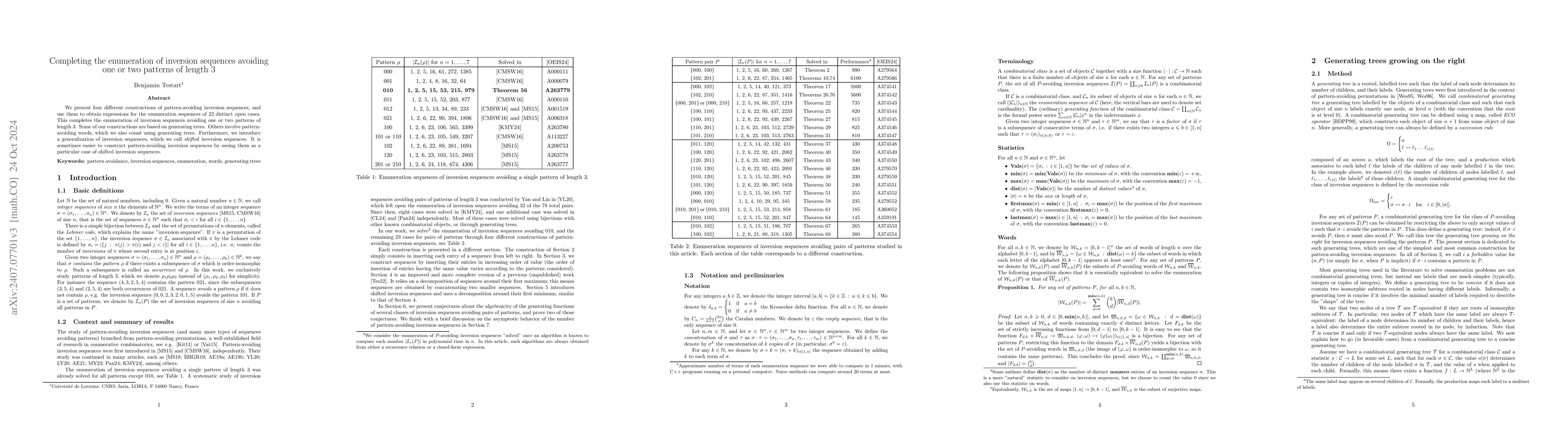 Thumbnail for Completing the enumeration of inversion sequences avoiding one or two
  patterns of length 3