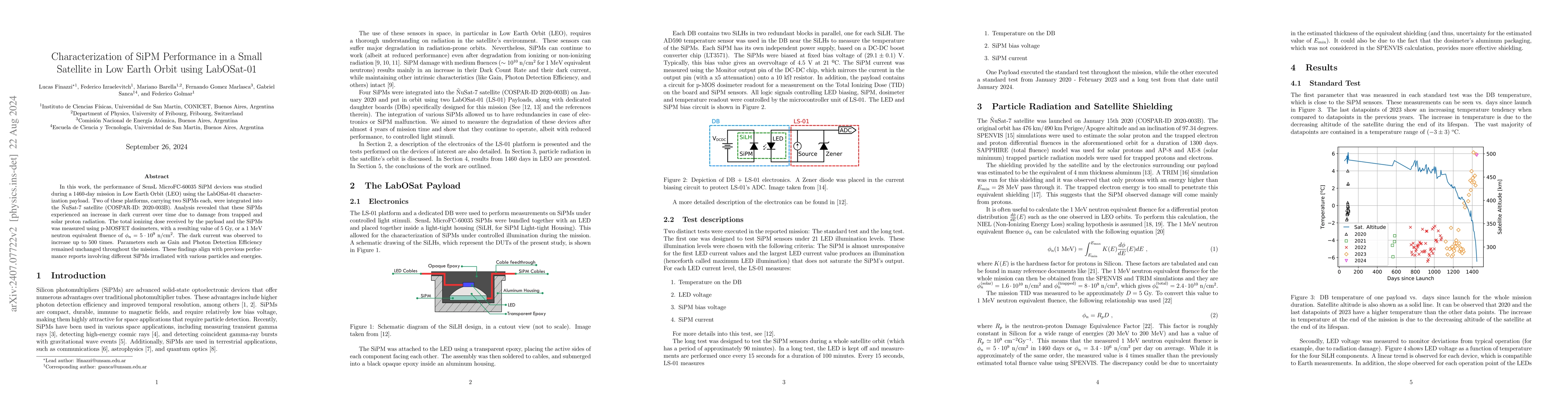 Thumbnail for Characterization of SiPM Performance in a Small Satellite in Low Earth
  Orbit using LabOSat-01