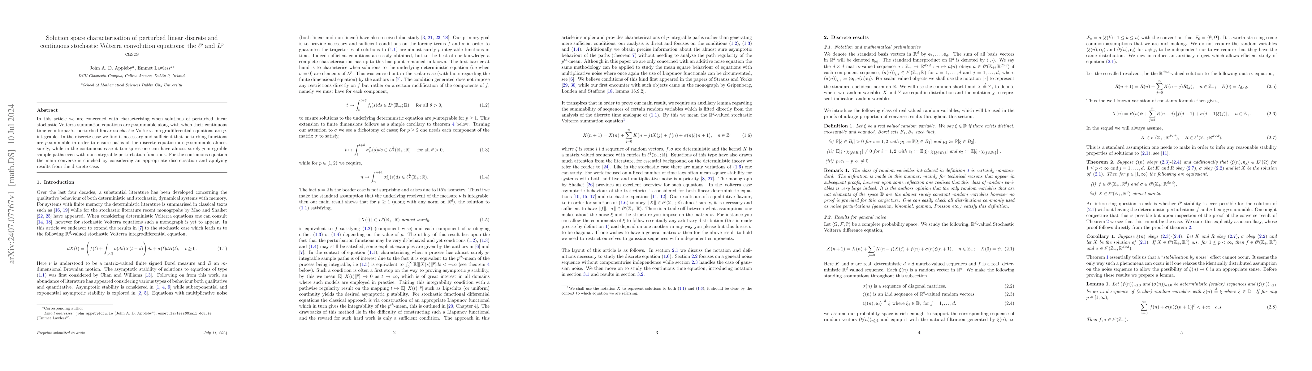 Thumbnail for Solution space characterisation of perturbed linear discrete and
  continuous stochastic Volterra convolution equations: the $\ell^p$ and $L^p$
  cases