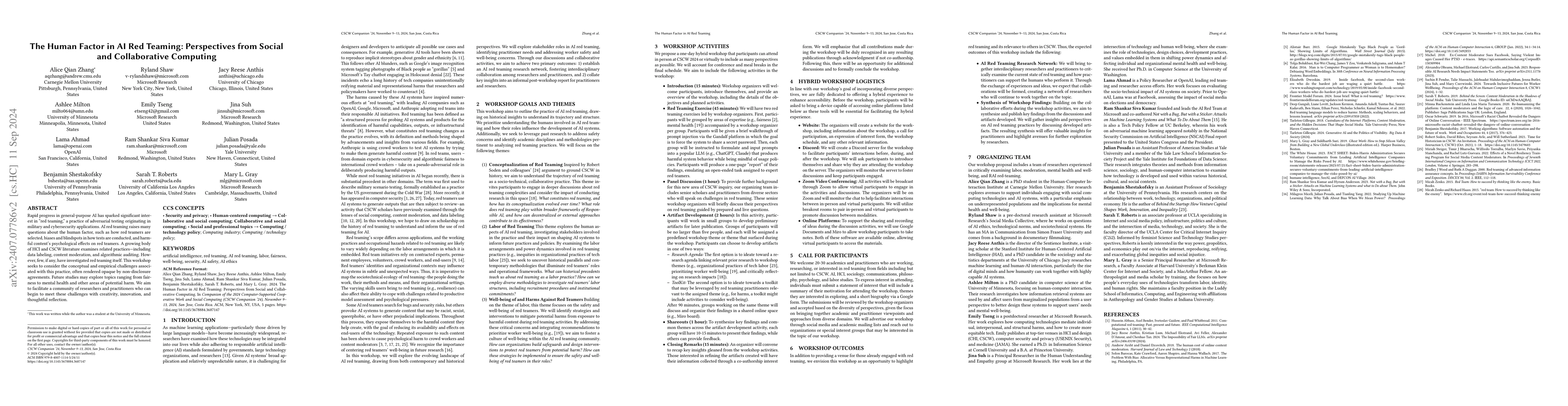 Thumbnail for The Human Factor in AI Red Teaming: Perspectives from Social and
  Collaborative Computing