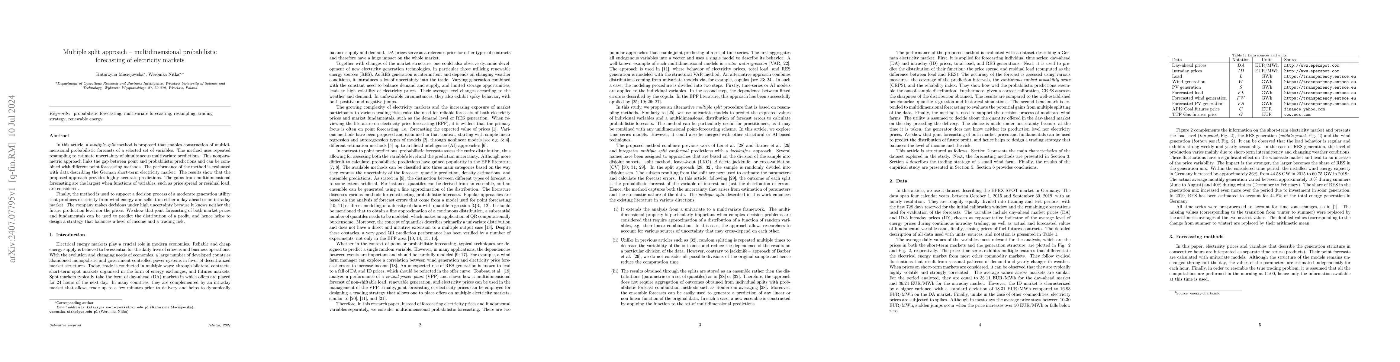 Thumbnail for Multiple split approach -- multidimensional probabilistic forecasting of
  electricity markets