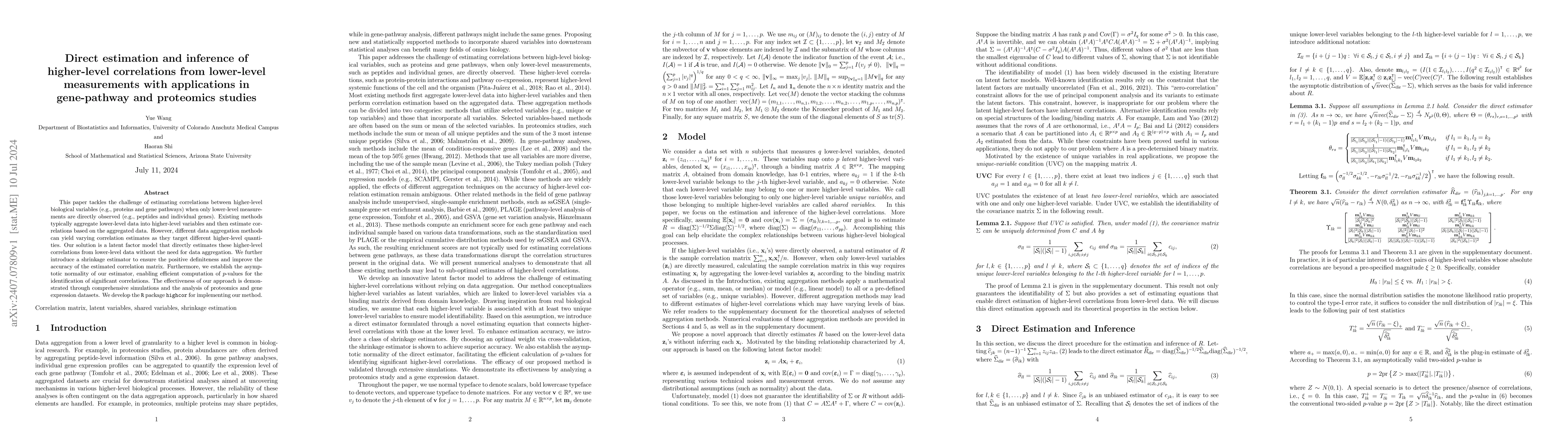 Thumbnail for Direct estimation and inference of higher-level correlations from
  lower-level measurements with applications in gene-pathway and proteomics
  studies