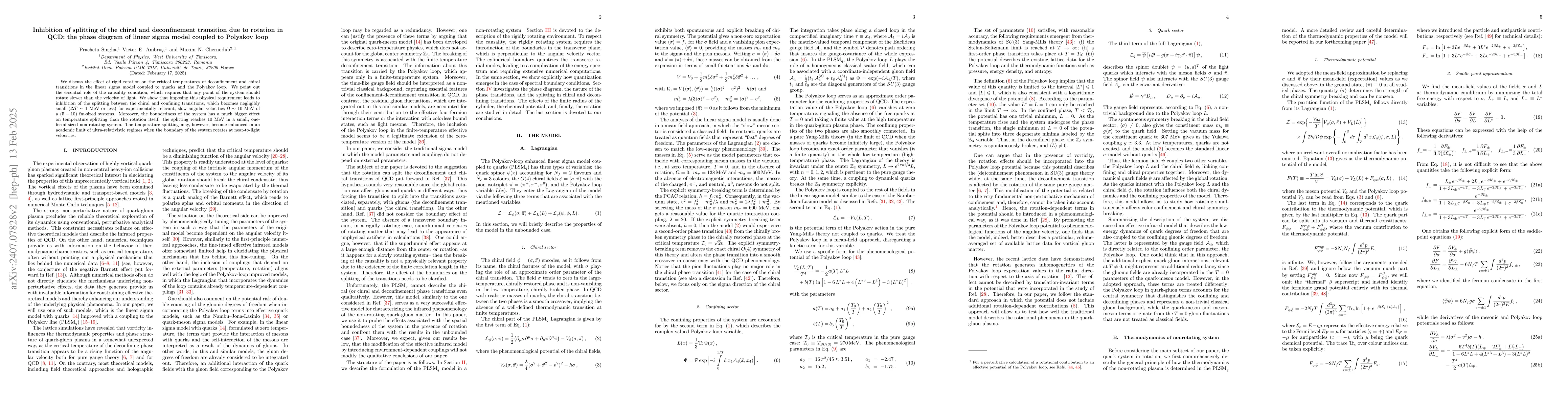 Thumbnail for Inhibition of splitting of the chiral and deconfinement transition due
  to rotation in QCD: the phase diagram of linear sigma model coupled to
  Polyakov loop