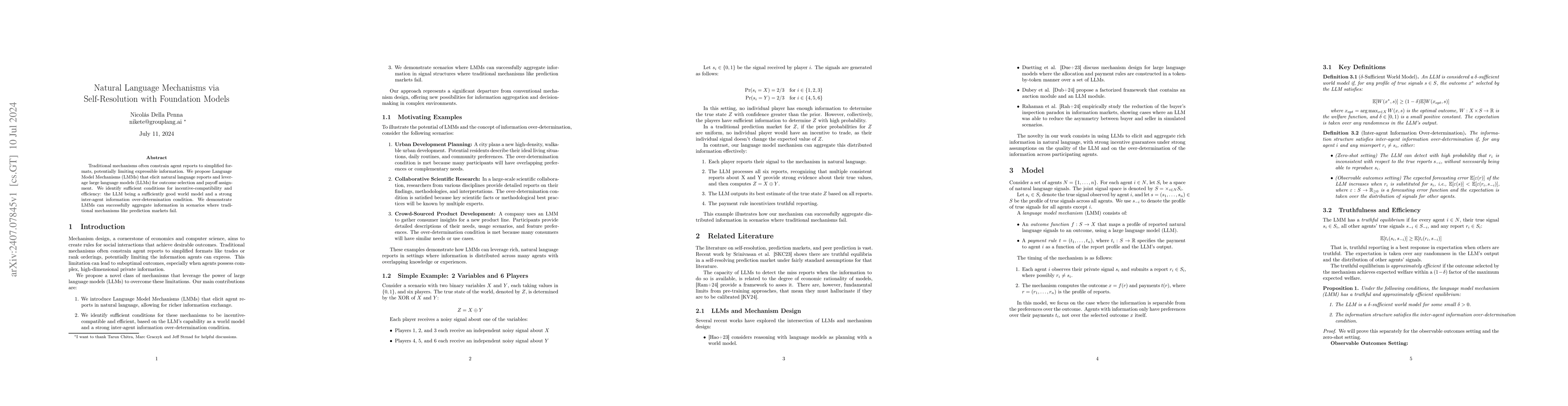 Thumbnail for Natural Language Mechanisms via Self-Resolution with Foundation Models