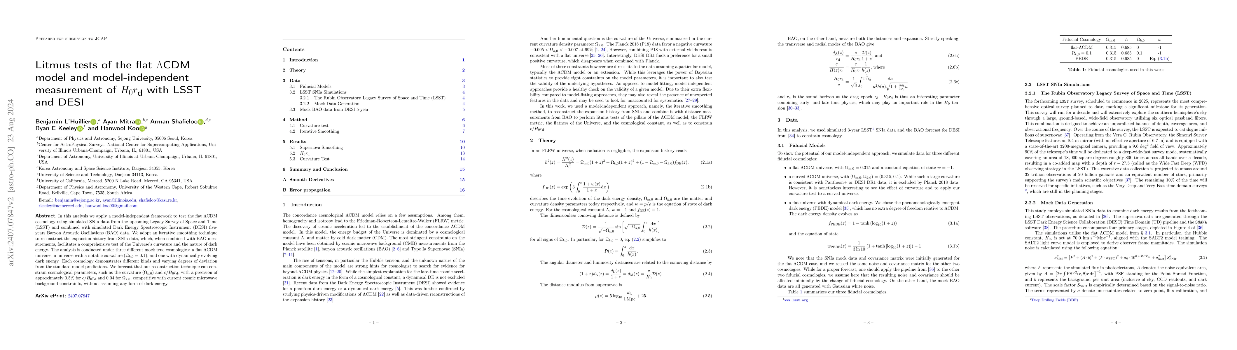 Thumbnail for Litmus tests of the flat $Λ$CDM model and model-independent
  measurement of $H_0r_\mathrm{d}$ with LSST and DESI