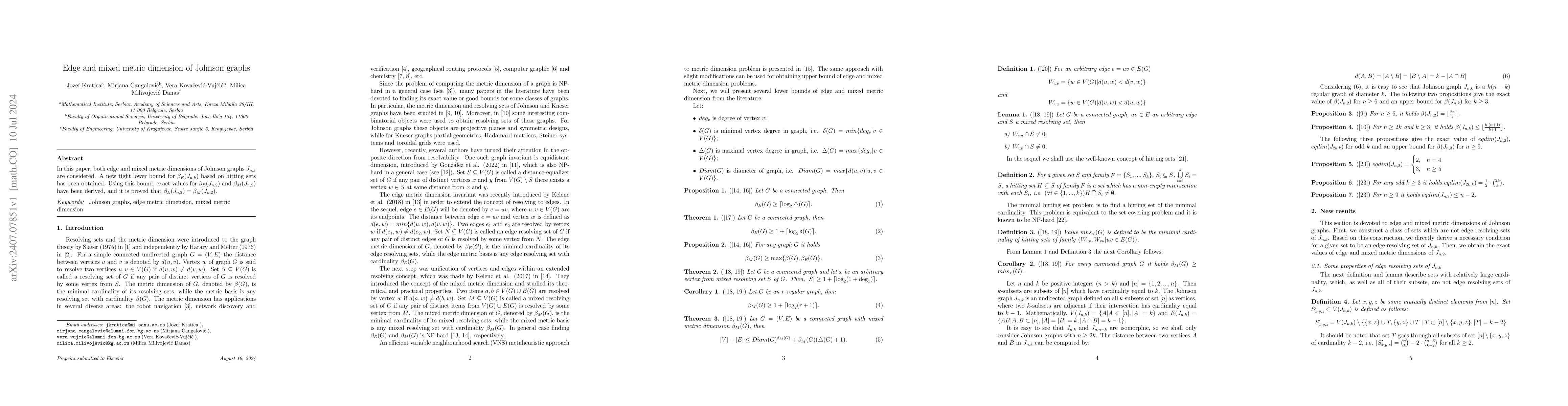 Thumbnail for Edge and mixed metric dimension of Johnson graphs