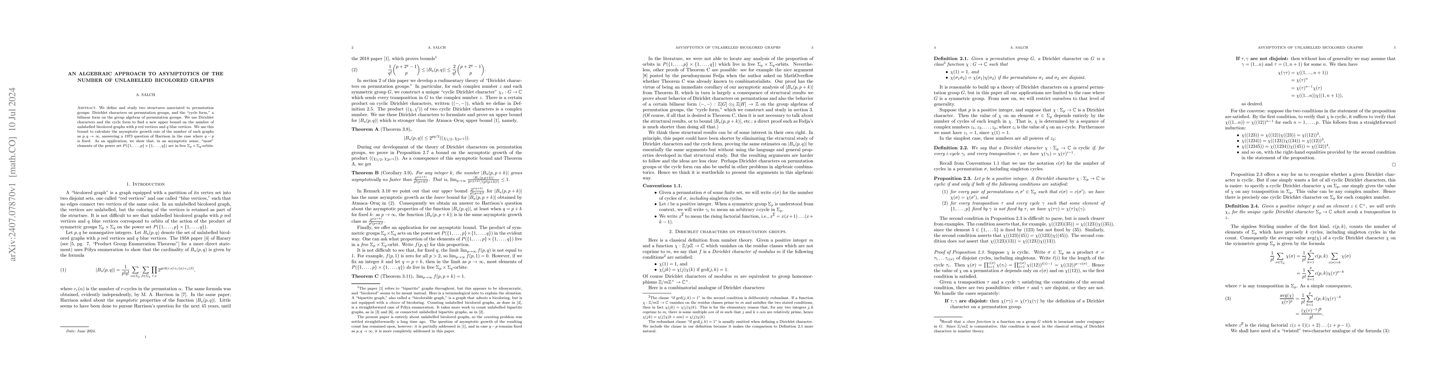 Thumbnail for An algebraic approach to asymptotics of the number of unlabelled
  bicolored graphs