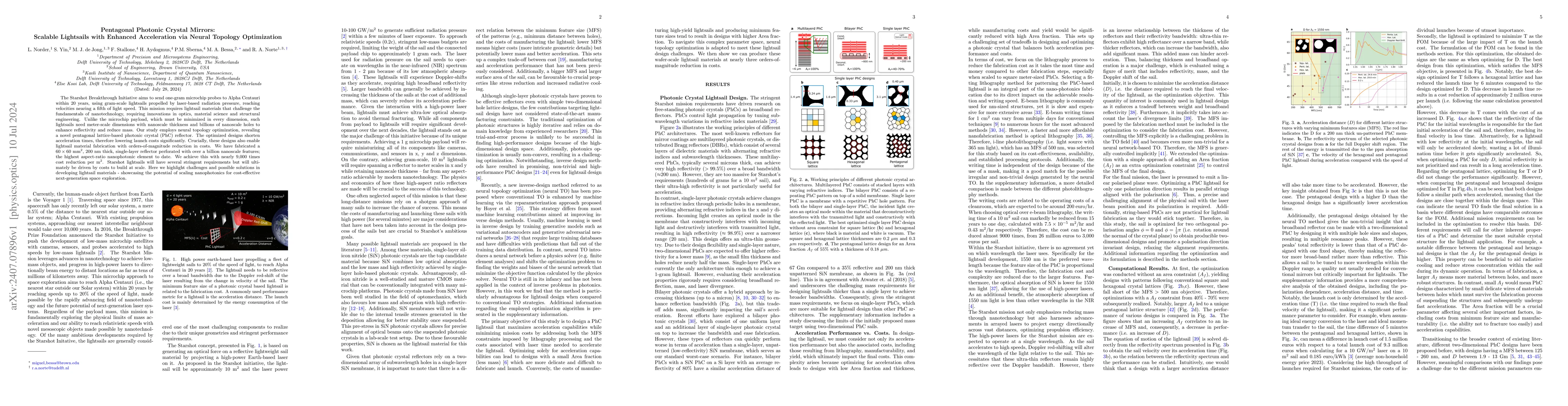 Thumbnail for Pentagonal Photonic Crystal Mirrors: Scalable Lightsails with Enhanced
  Acceleration via Neural Topology Optimization