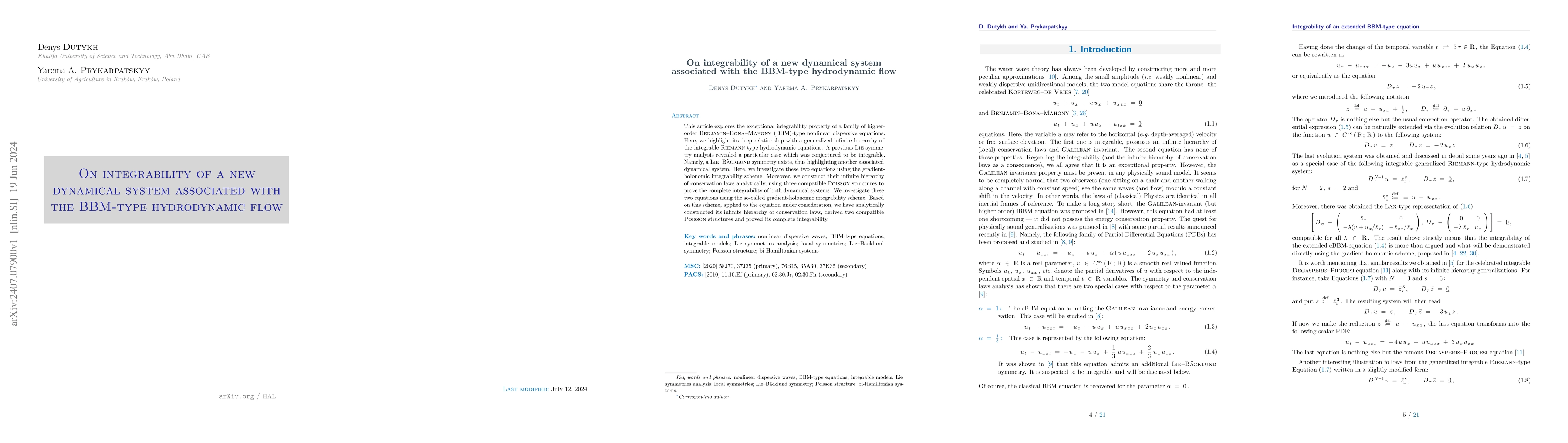 Thumbnail for On integrability of a new dynamical system associated with the BBM-type
  hydrodynamic flow