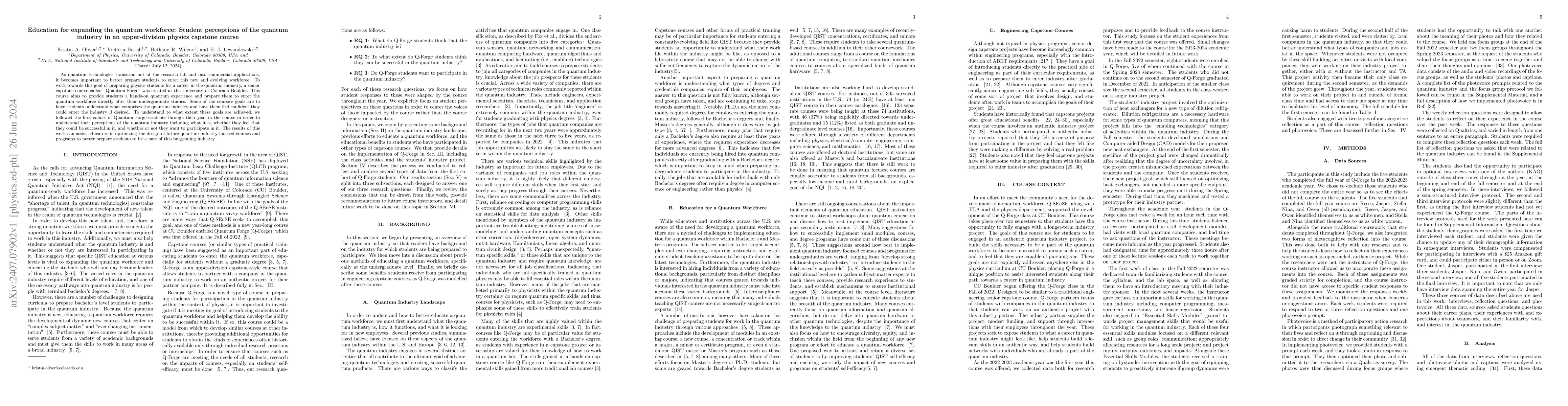 Thumbnail for Education for expanding the quantum workforce: Student perceptions of
  the quantum industry in an upper-division physics capstone course
