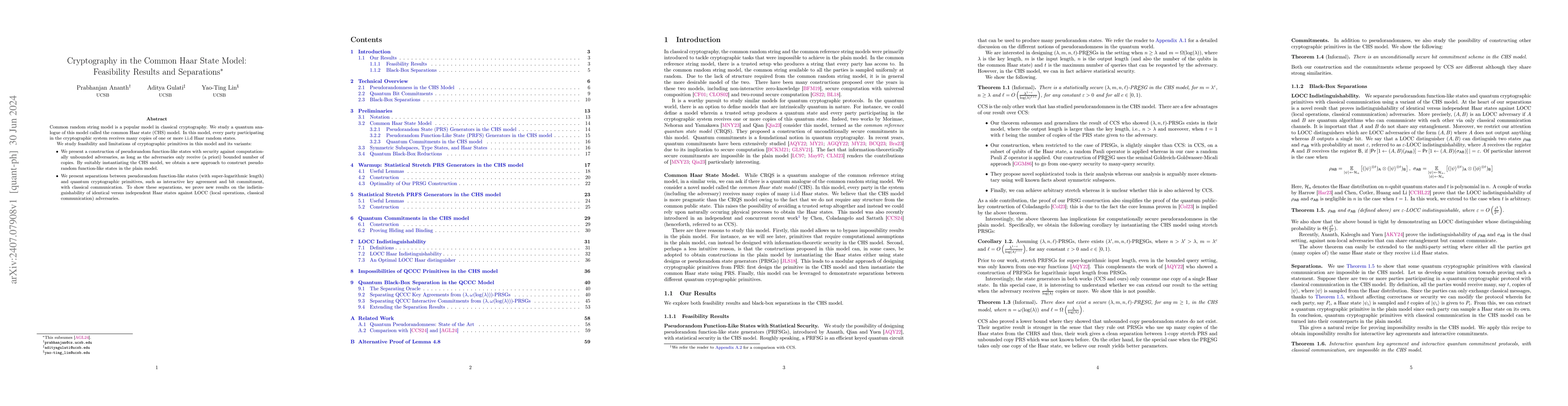 Thumbnail for Cryptography in the Common Haar State Model: Feasibility Results and
  Separations