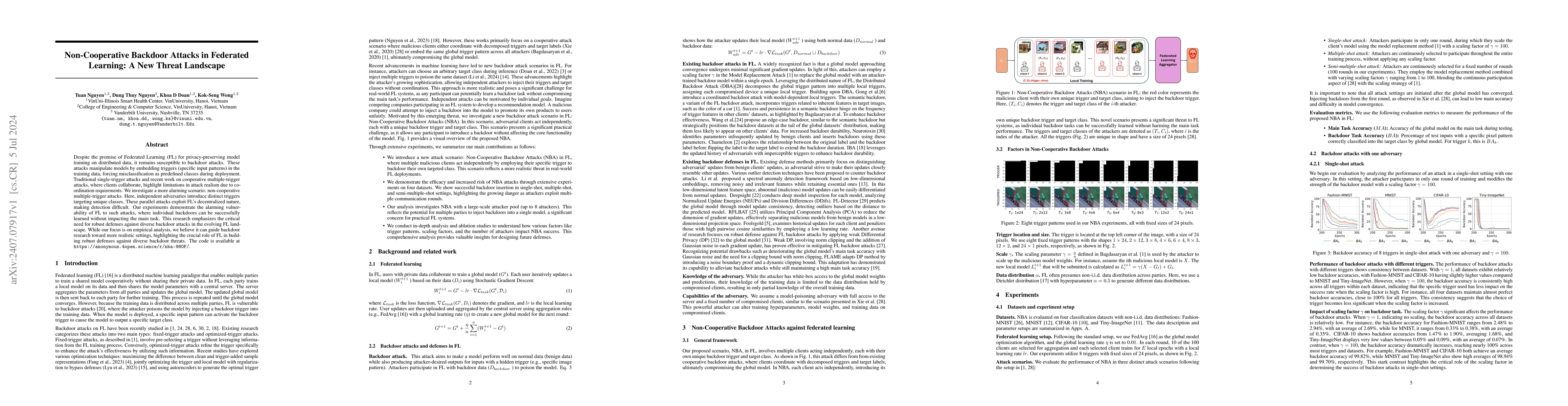 Thumbnail for Non-Cooperative Backdoor Attacks in Federated Learning: A New Threat
  Landscape