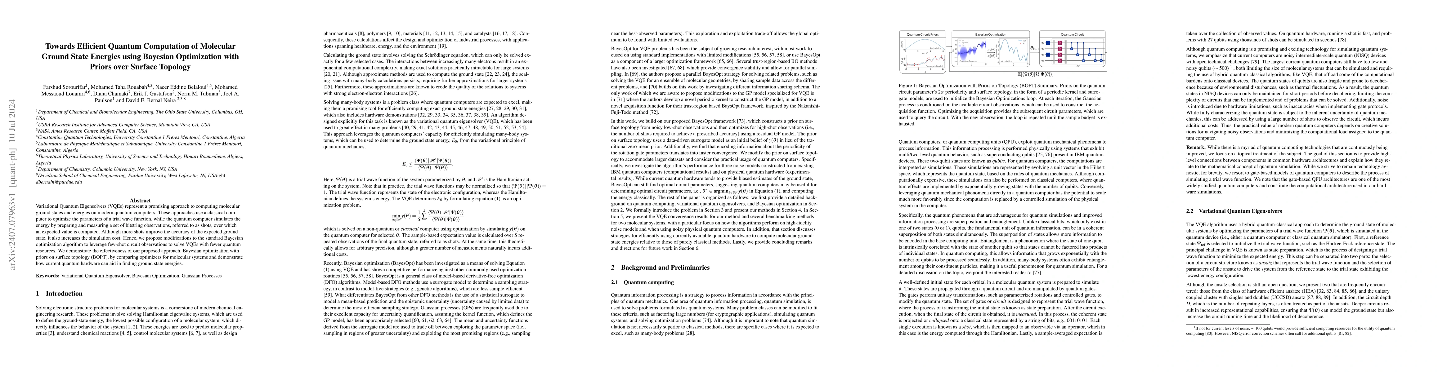 Thumbnail for Towards Efficient Quantum Computation of Molecular Ground State Energies
  using Bayesian Optimization with Priors over Surface Topology